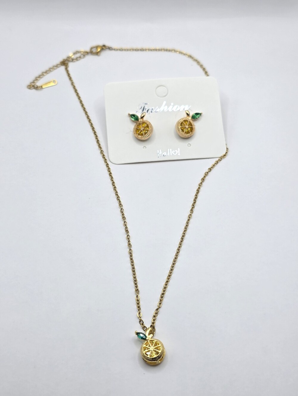 Gold Citrus Pendant Necklace and Earring Set